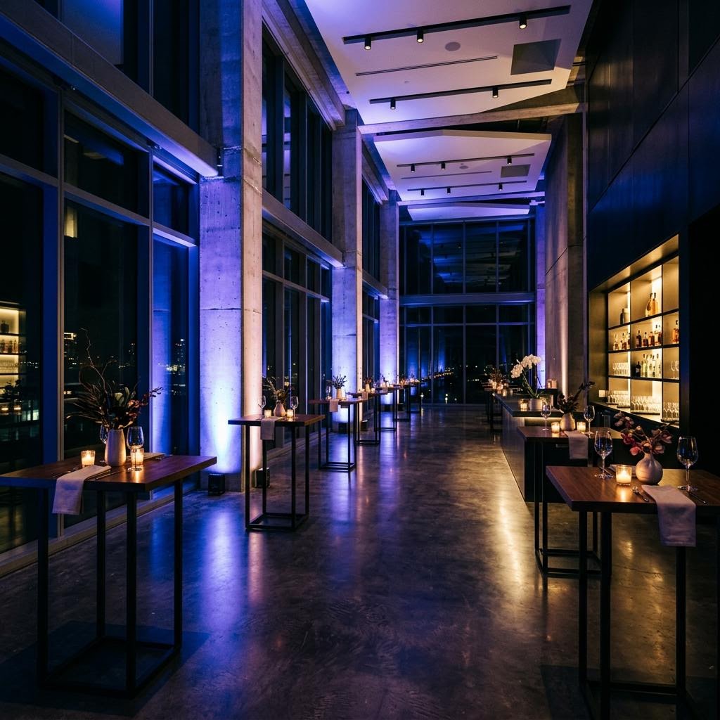 An event room shaped by warm and colorful lighting
